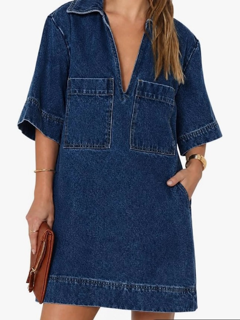 Denim V-Neck Midi Dress in Dark Blue